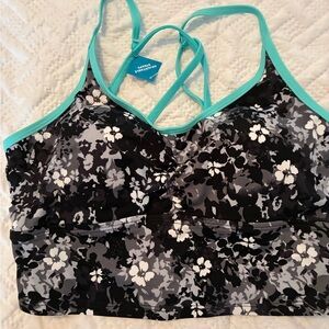 Free Country Floral crop Tankini Black and white floral with aqua trim